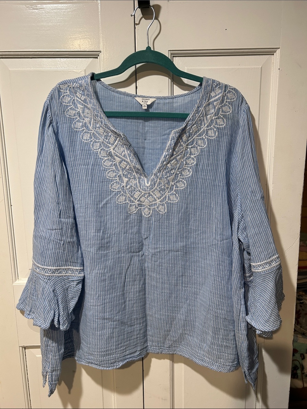 crown & ivy Light Blue Striped Embroidered V-Neck Tunic